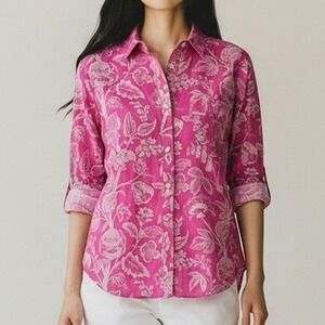 Tommy Bahama Womens XS Silk Cotton Pink Floral Long Sleeve Blouse Shirt Tropical